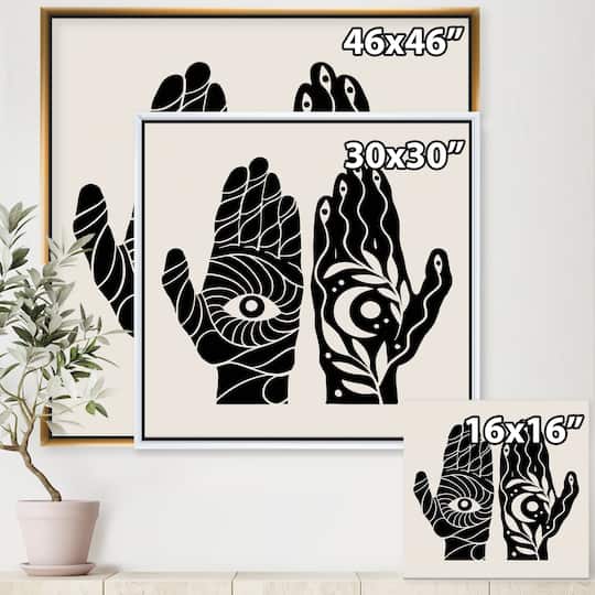 Designart - HamSa Hands With Eye And Moon Black And White Illustration - Modern Canvas Wall Art Print in Black Frame